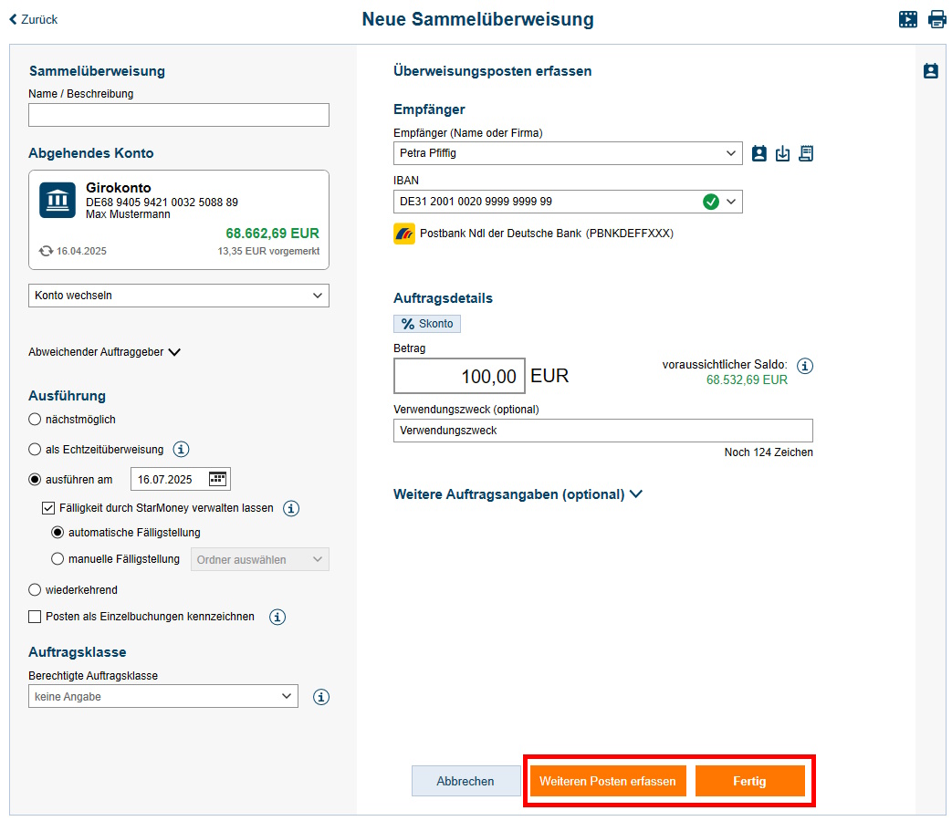 Screenshot Zahlungsverkehrsformular
