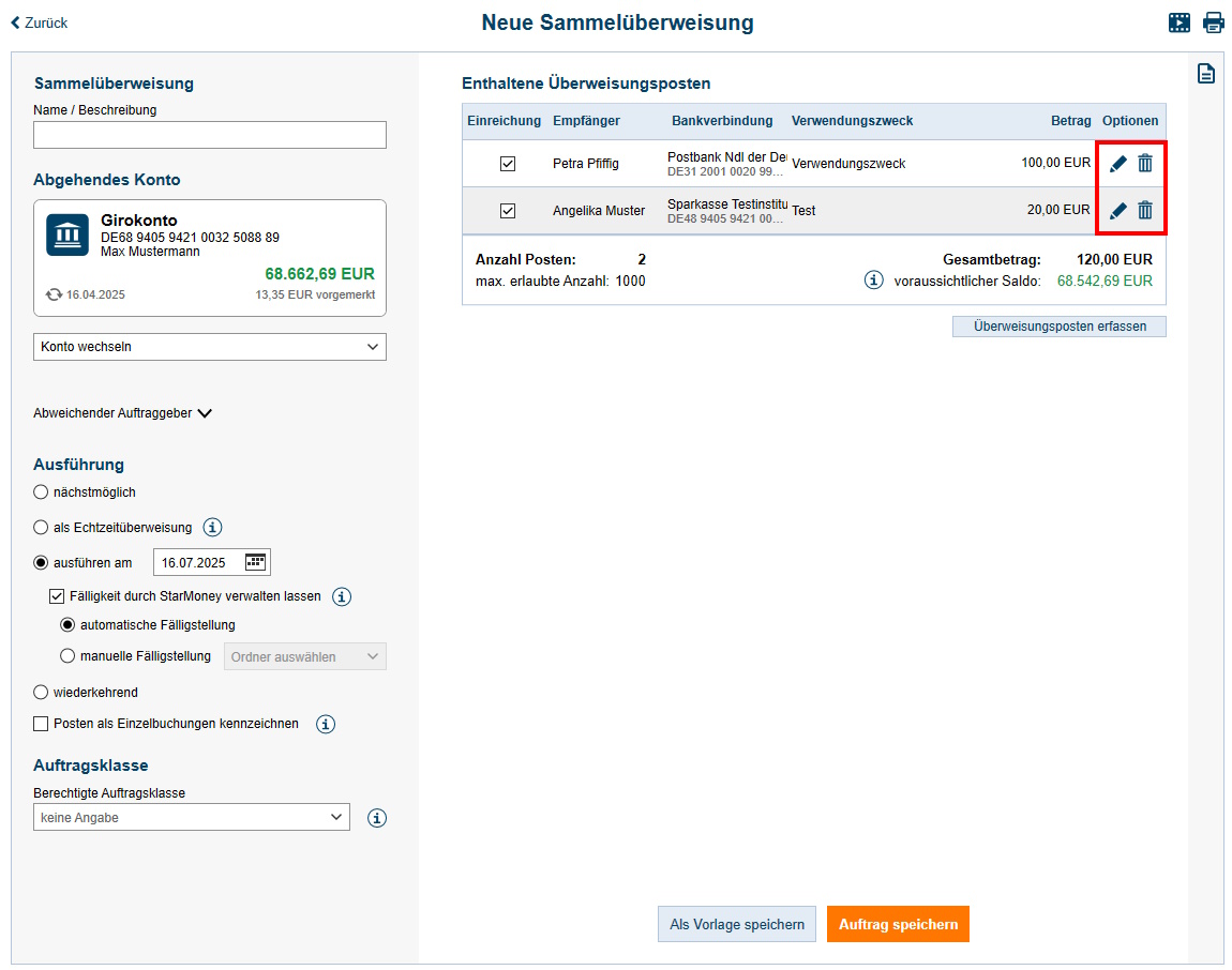 Screenshot Zahlungsverkehrsformular
