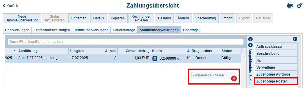 Screenshot Zahlungsübersicht