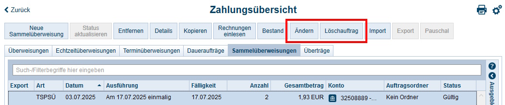 Screenshot Zahlungsübersicht