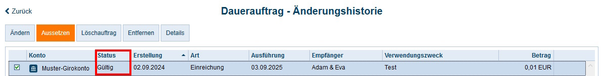 Screenshot Dauerauftrag Änderungshistorie