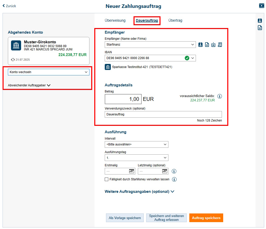 Screenshot neuer Zahlungsauftrag
