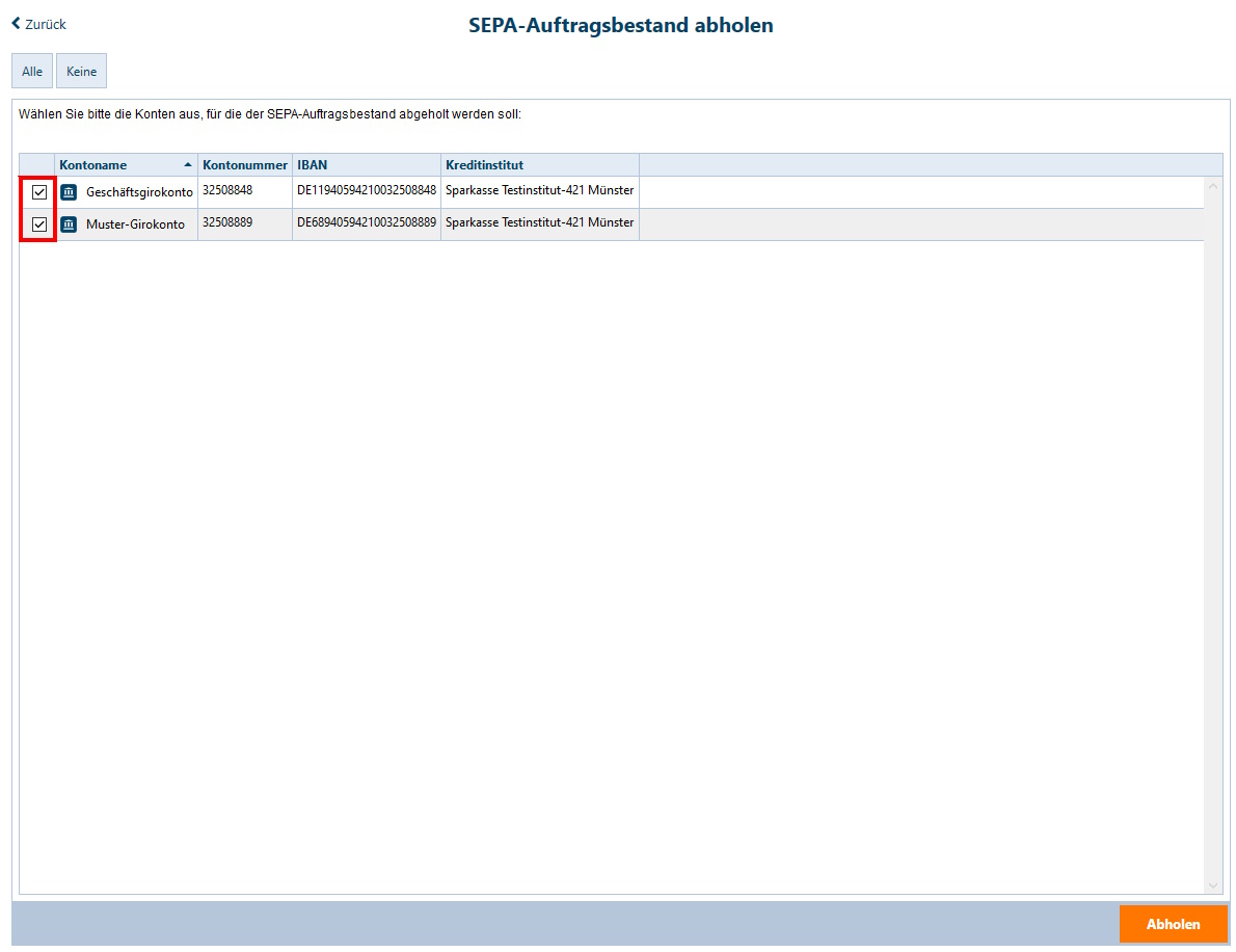 Screenshot Bestand an SEPA-Aufträgen abholen