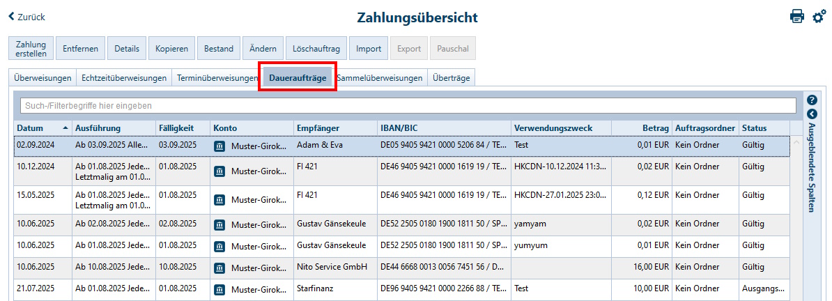 Screenshot Zahlungsübersicht