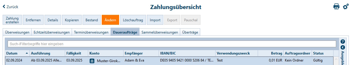 Screenshot Zahlungsübersicht