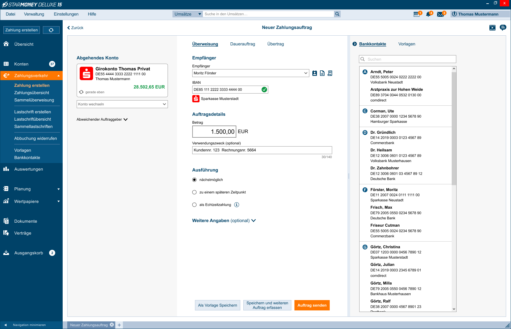 Screenshot des Zahlungsformulares in StarMoney