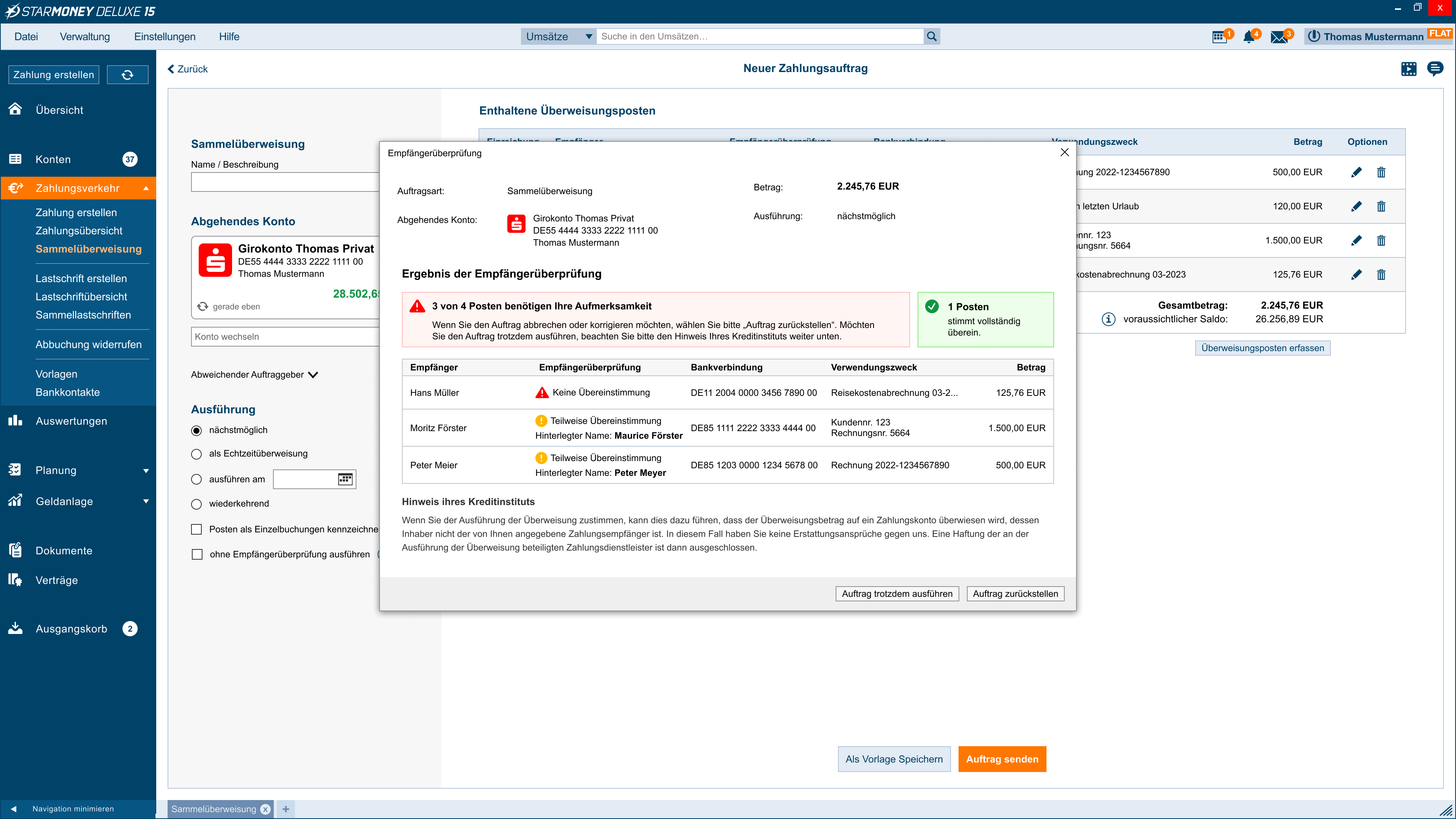 Screenshot der Empfängerüberprüfung für Sammelaufträge in StarMoney