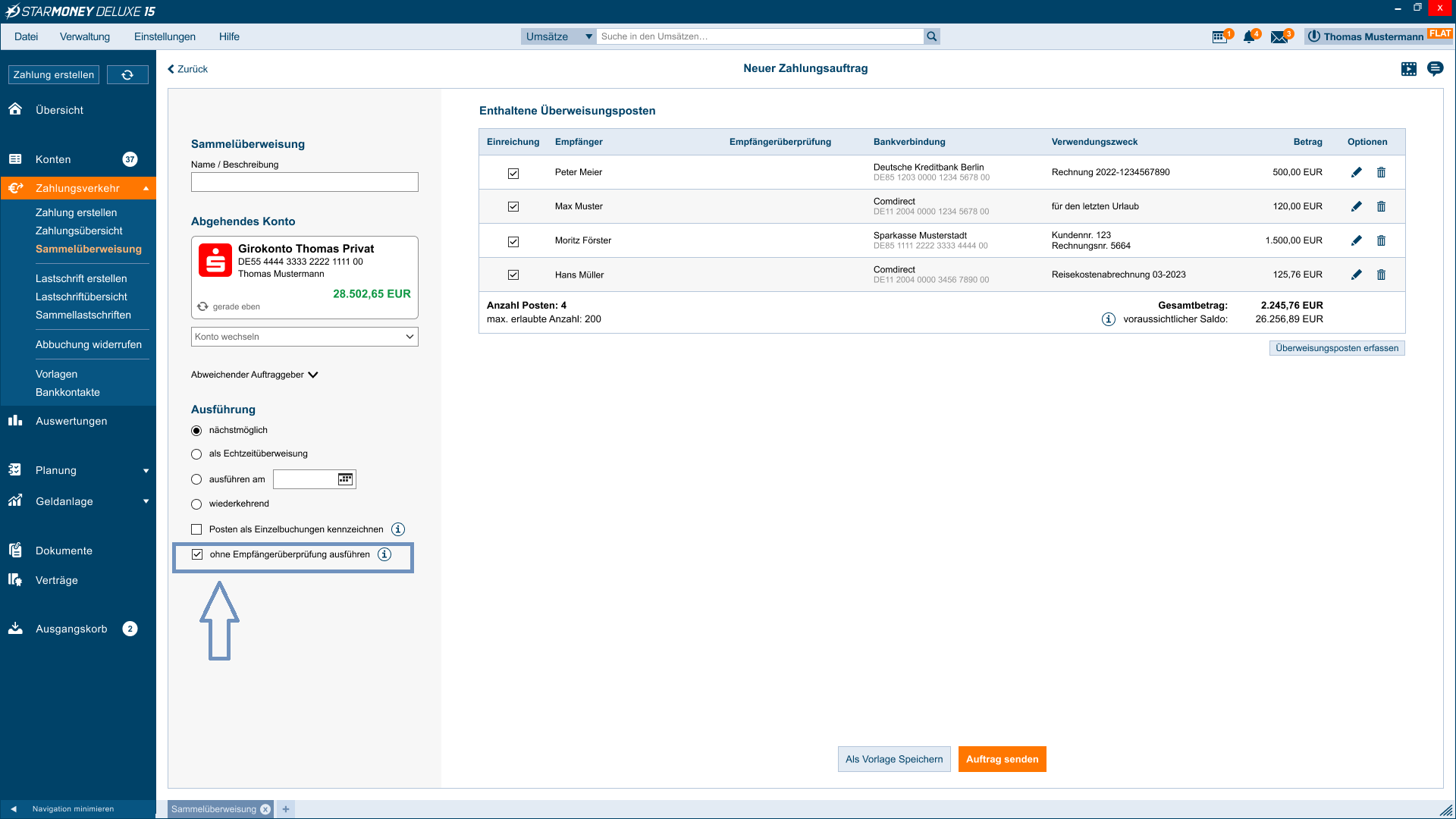 Screenshot der Abwahlmöglichkeit der Empfängerüberprüfung in StarMoney