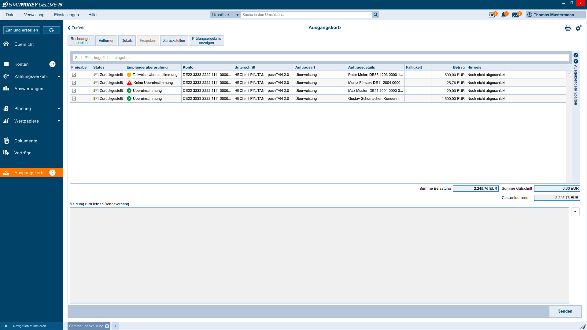 Screenshot des Ausgangskorbes in StarMoney