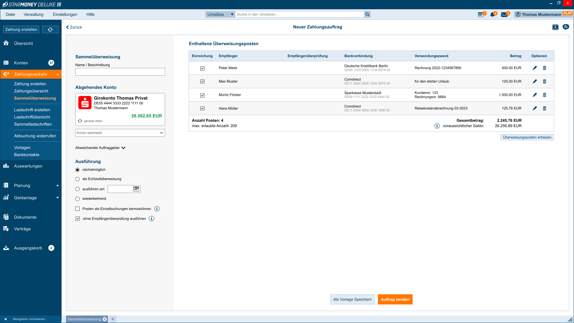 Screenshot vom Formular für Sammelüberweisungen in StarMoney