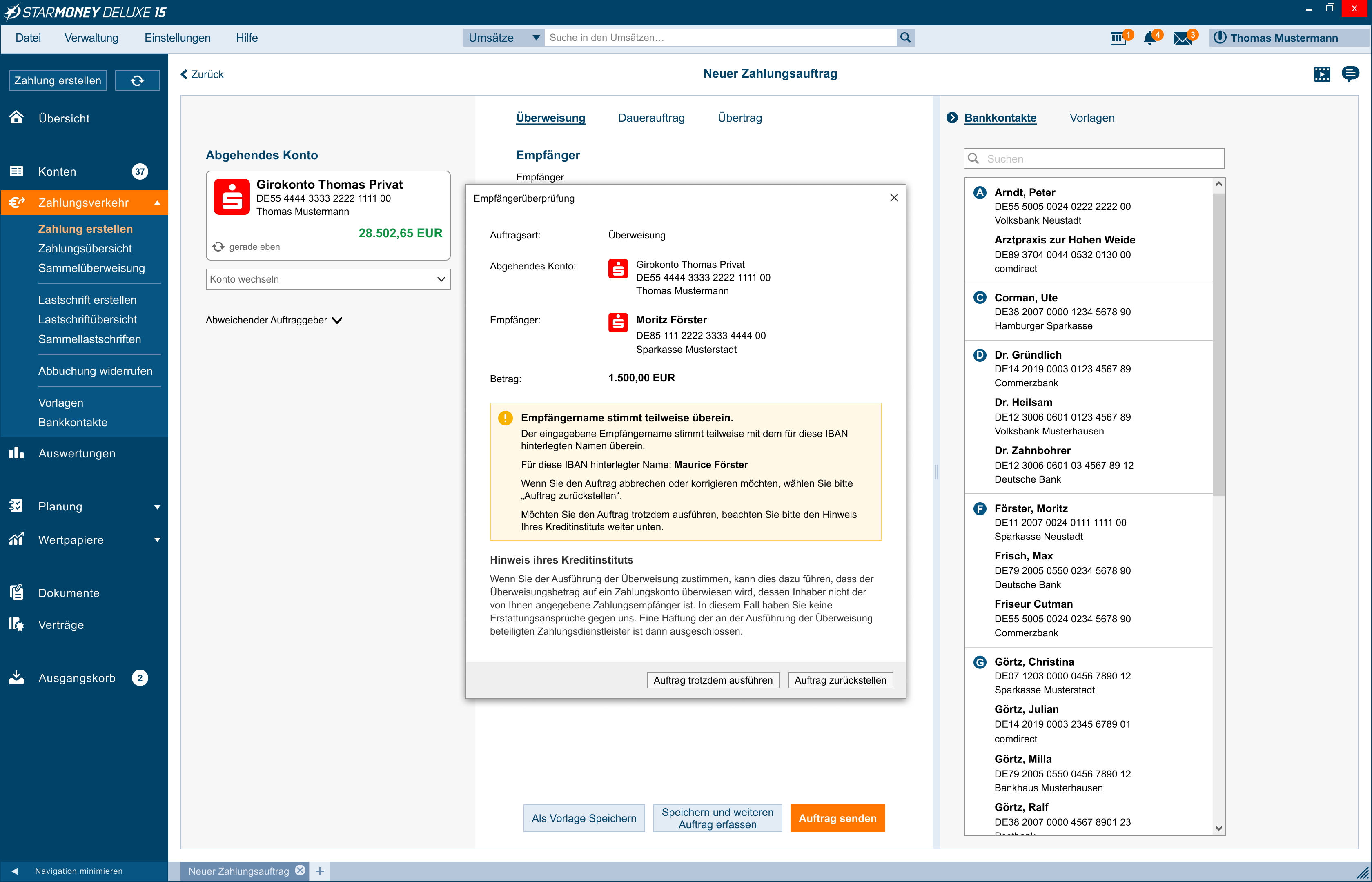 Screenshot der Anzeige der Empfängerüberprüfung in StarMoney
