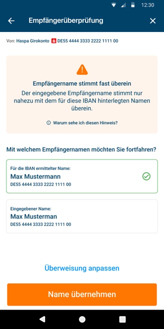 Screenshot der Anzeige der Empfängerüberprüfung in der App
