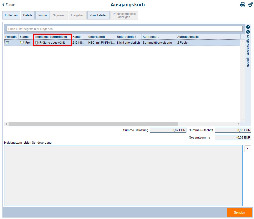 Screenshot Ausgangskorb