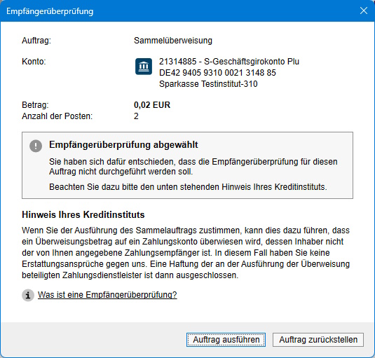 Screenshot Empfängerüberprüfung Ergebnis Anzeige