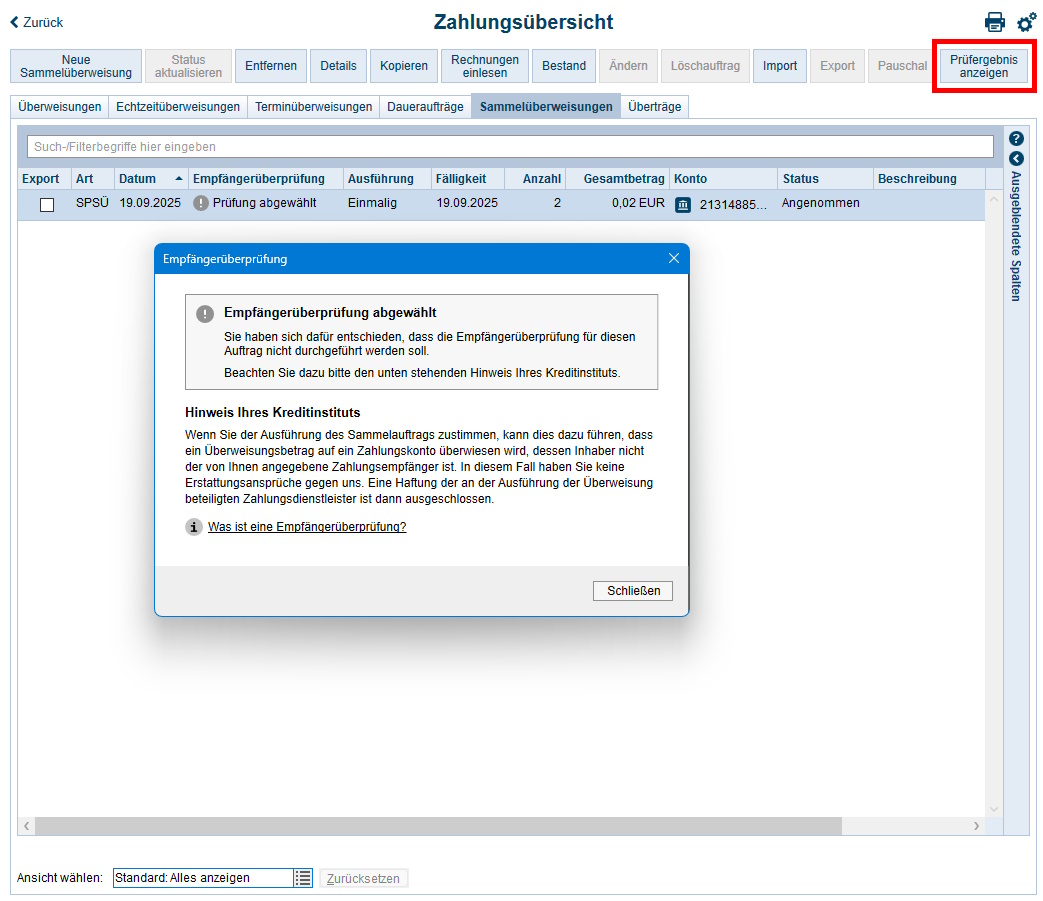 Screenshot Ergebnis
  der Empfängerüberprüfung einsehen