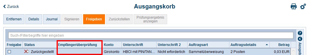 Screenshot Ausgangskorb
