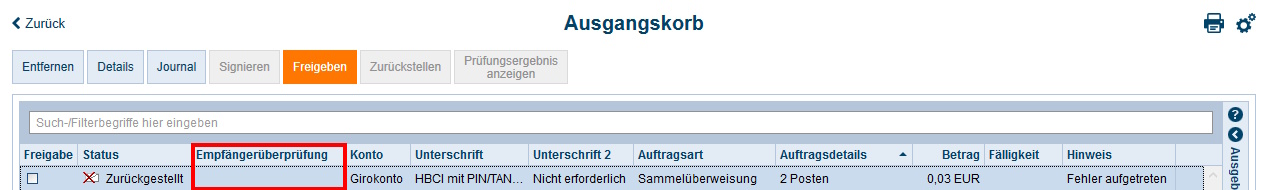 Screenshot Ausgangskorb