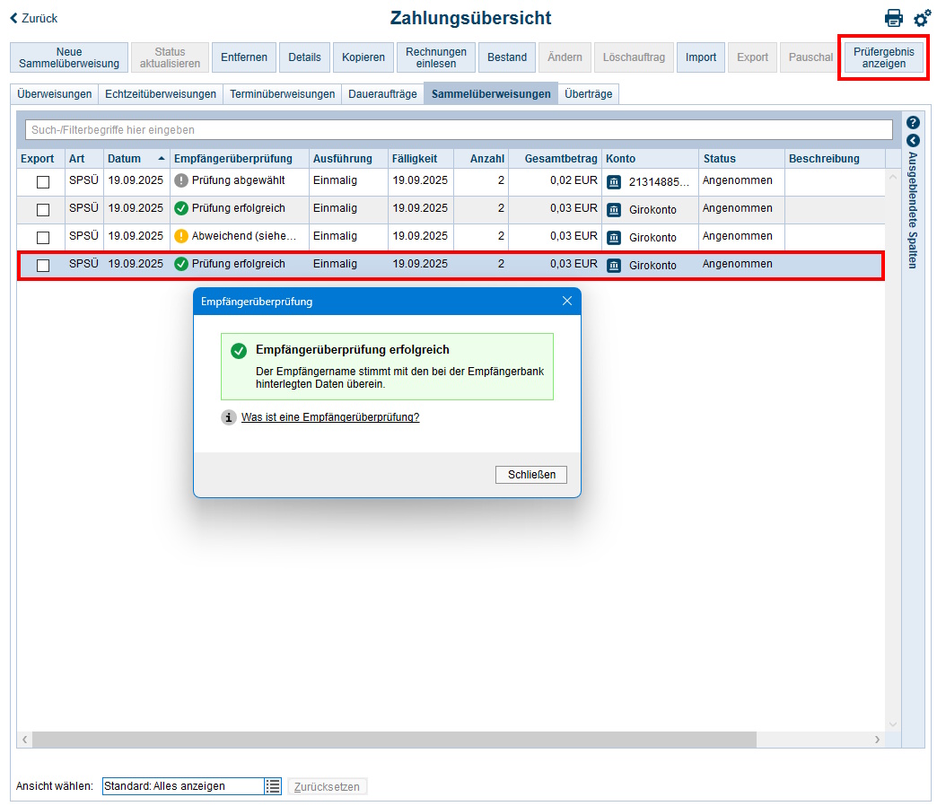 Screenshot Zahlungsübersicht