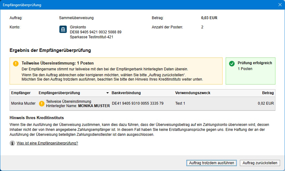 Screenshot Empfängerüberprüfung teilweise Übereinstimmung