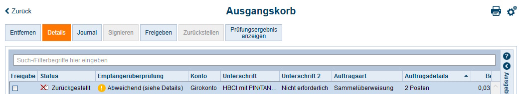 Screenshot Ausgangskorb