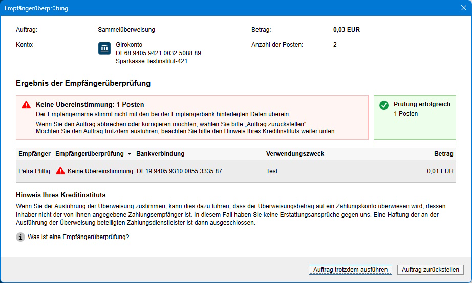 Screenshot Empfängerüberprüfung keine Übereinstimmung