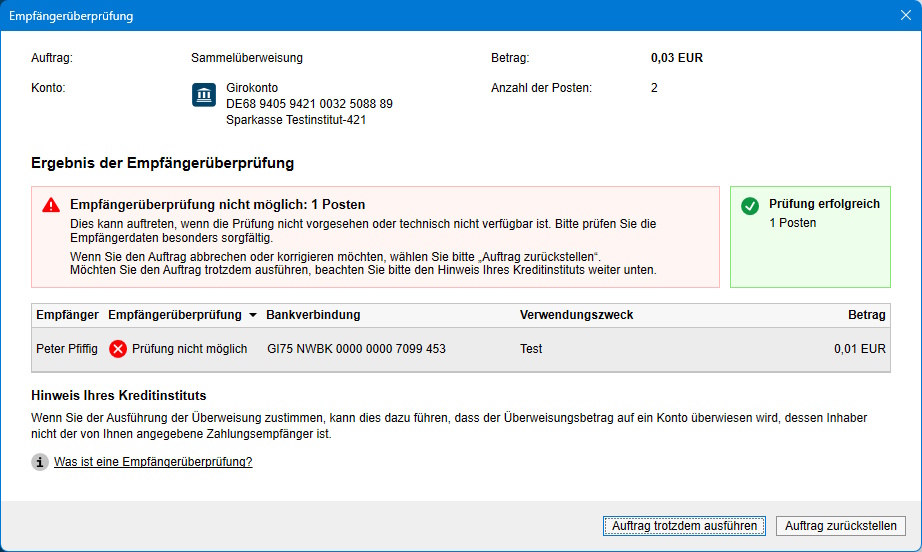 Screenshot Empfängerüberprüfung nicht möglich
