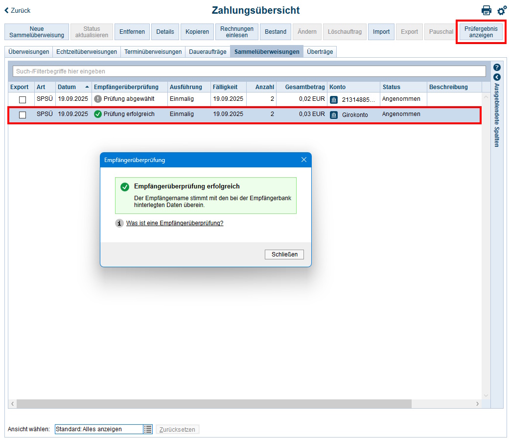 Screenshot Zahlungsübersicht