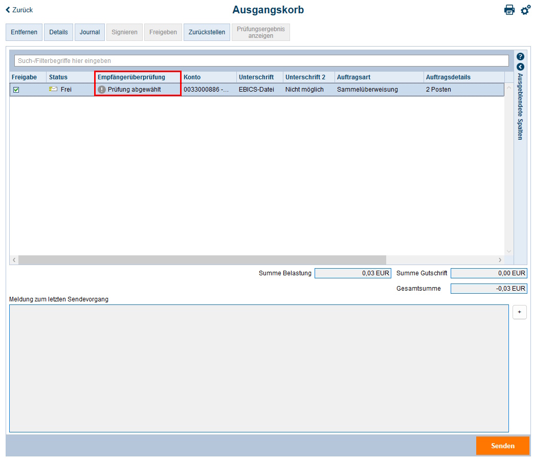 Screenshot Ausgangskorb