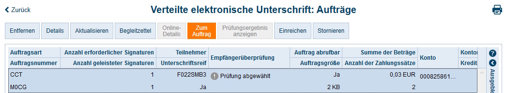 Screenshots Verteilte Elektronische Unterschriften-Aufträge