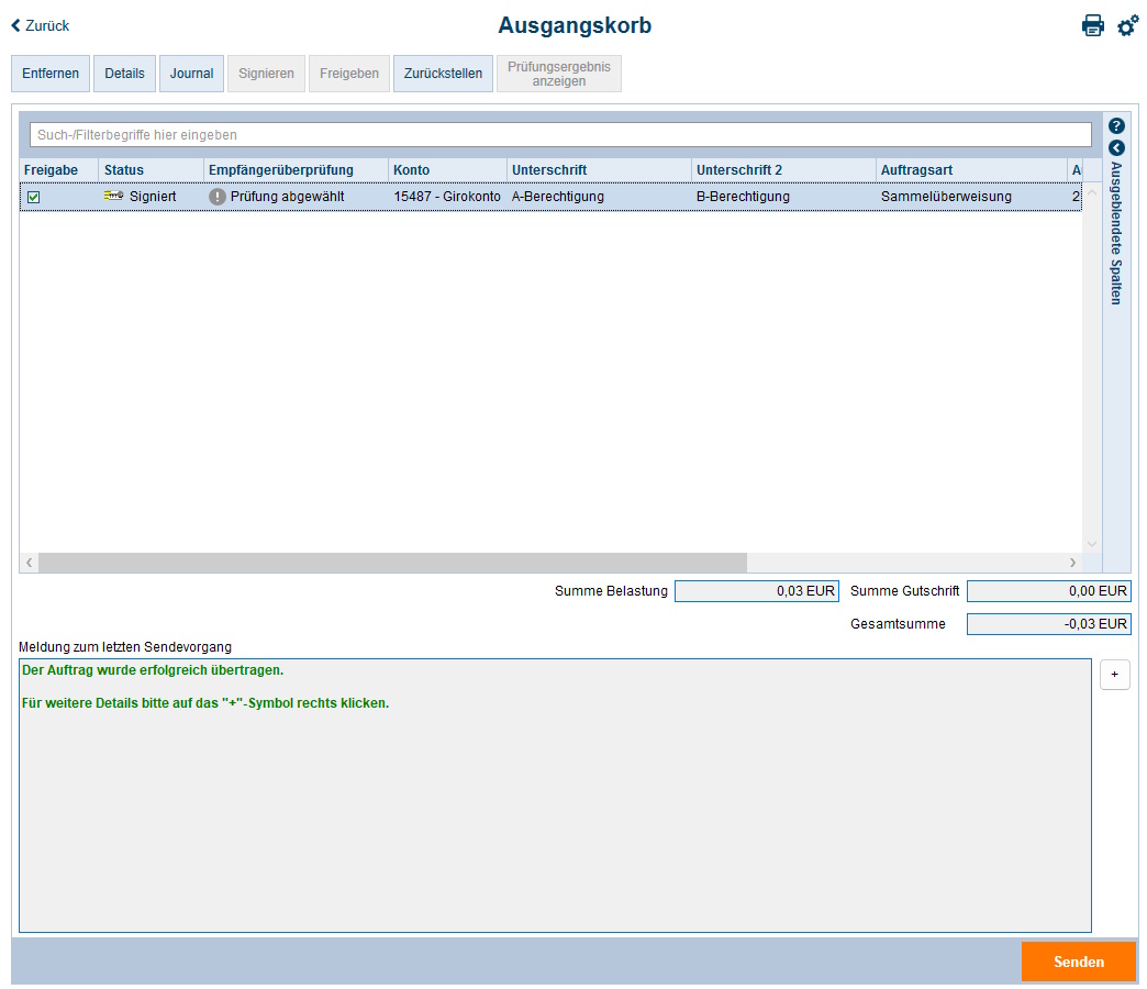Screenshot Ausgangskorb