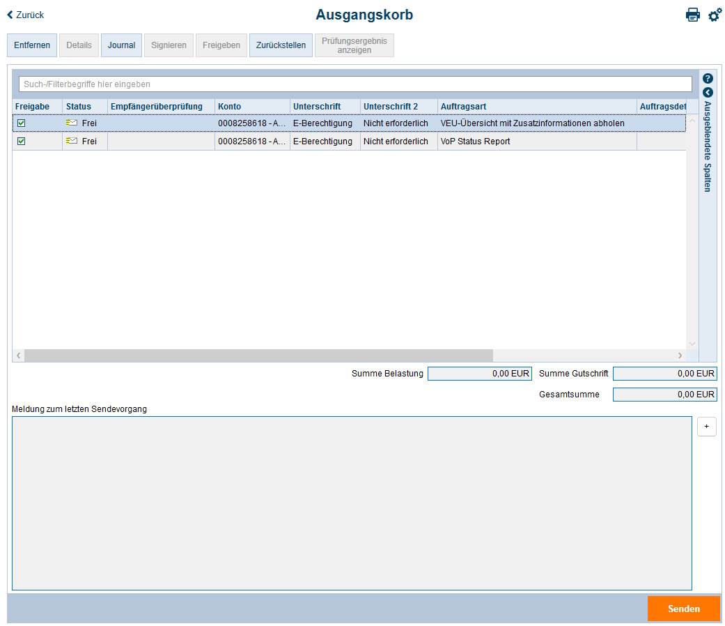 Screenshot Ausgangskorb