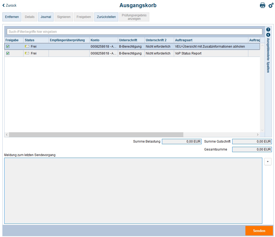 Screenshot Ausgangskorb