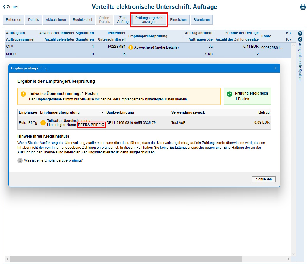 Screenshot VEU Prüfungsergebnisse anzeigen