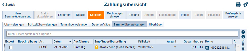 Screenshot Zahlungsübersicht