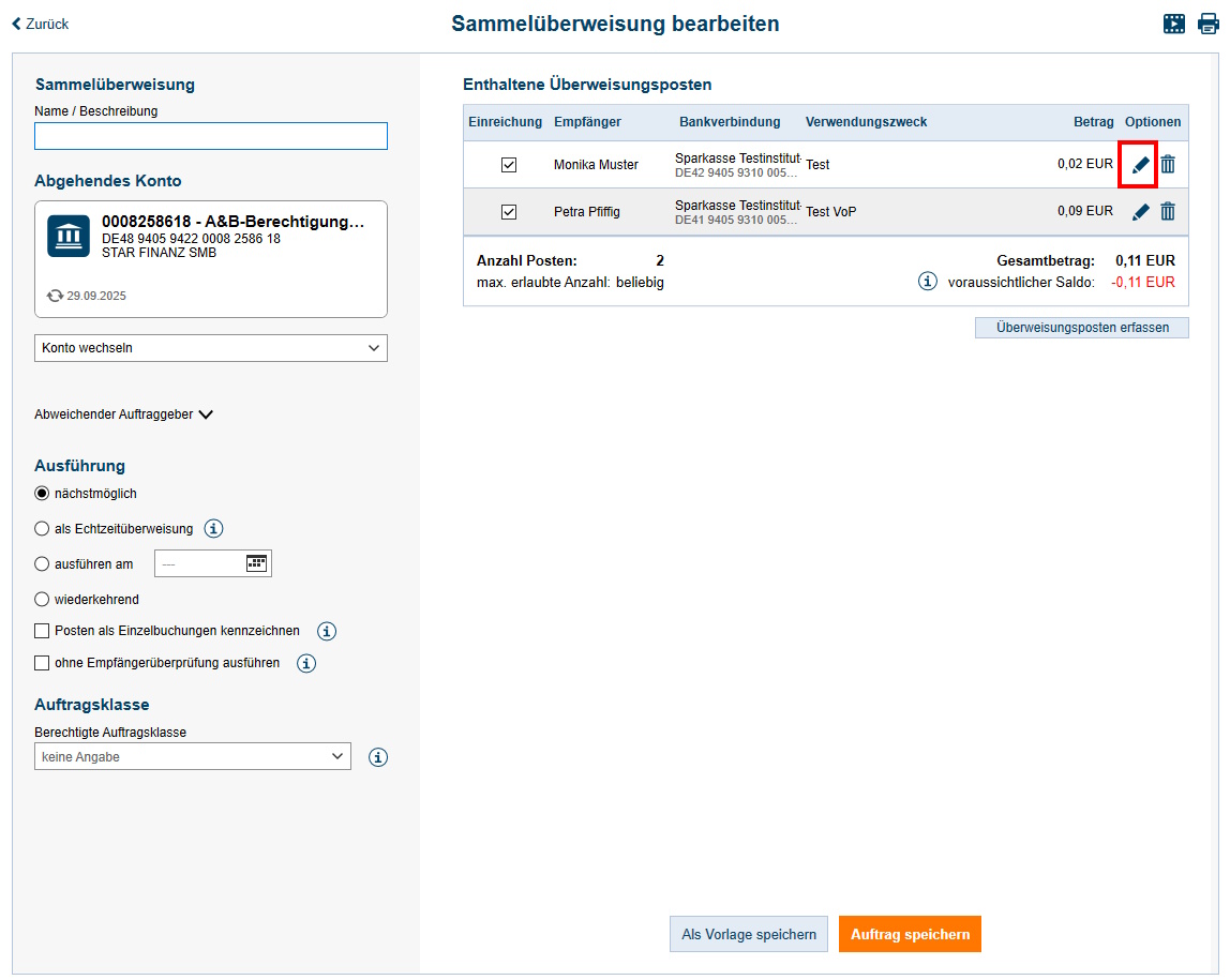 Screenshot Formular Sammelüberweisung