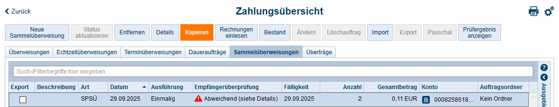 Screenshot VEU Zahlungsübersicht