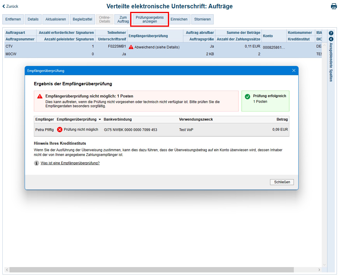 Screenshot VEU Prüfungsergebnisse anzeigen