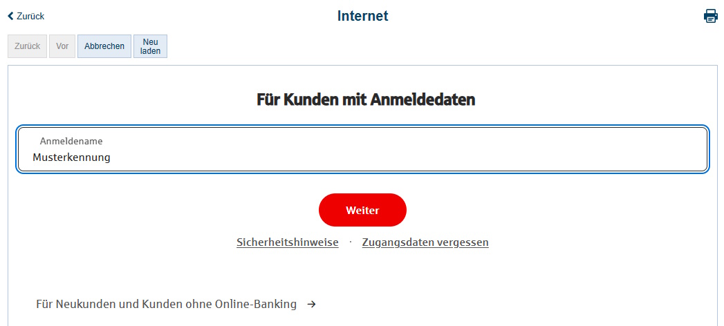 Screenshot Internet-Filiale Sparkasse anmelden