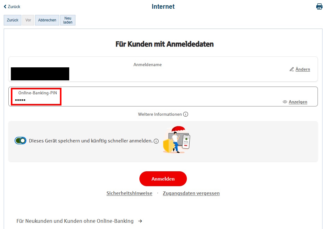 Screenshot Internet-Filiale Sparkasse anmelden
