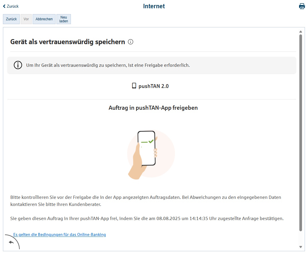 Hinweismeldung zur erfolgreichen Freigabe per Sicherheitsmedium