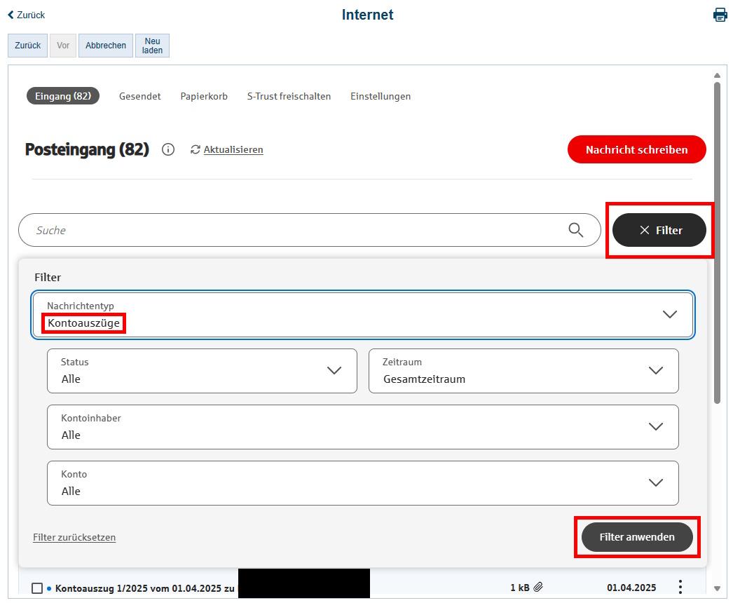 Screenshot elektronisches Postfach-Posteingang