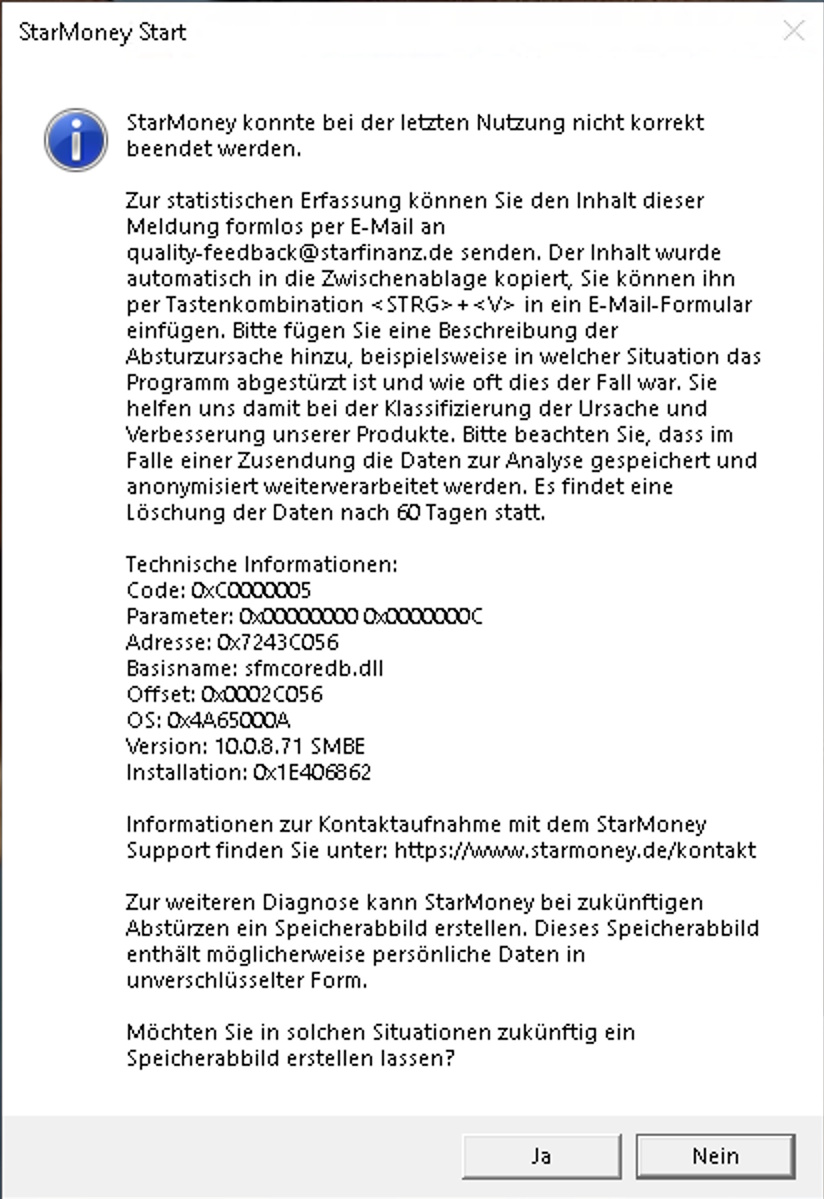 Hinweismeldung zum Absturz