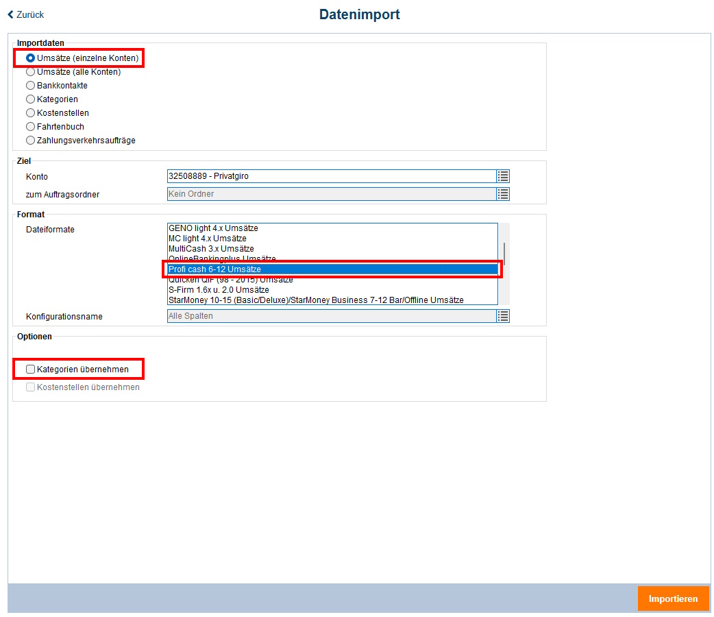 Screenshot Importmenü StarMoney Business