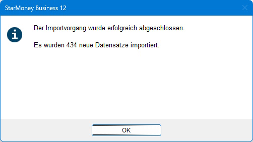 Screenshot Hinweismeldung zum Import in StarMoney Business