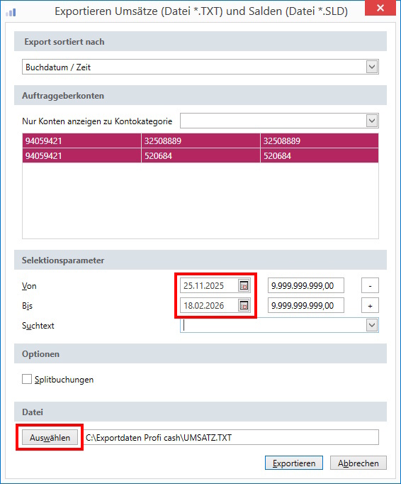 Screenshot Profi cash Export konfigurieren