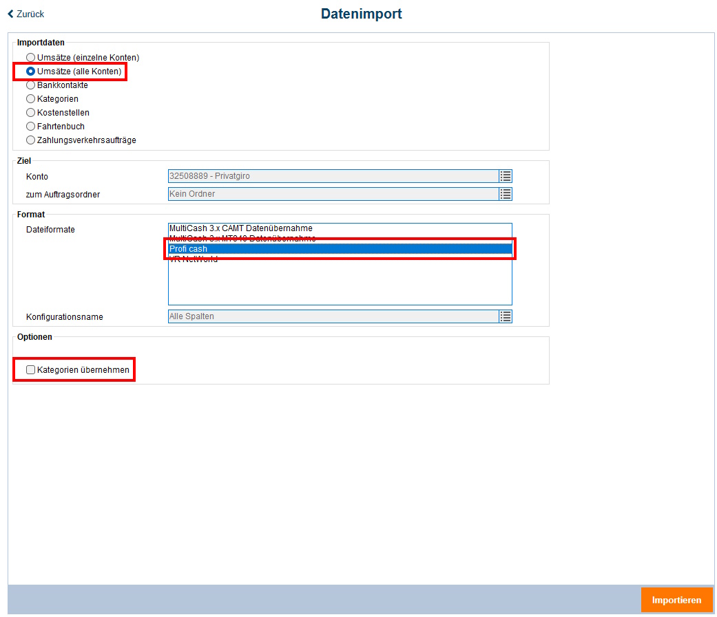 Screenshot Importmenü StarMoney Business