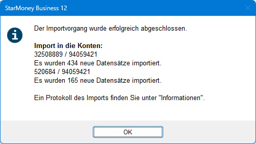 Screenshot Hinweismeldung zum Import in StarMoney Business