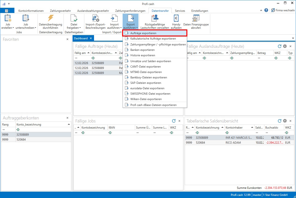 Screenshot Profi cash Exportmenü