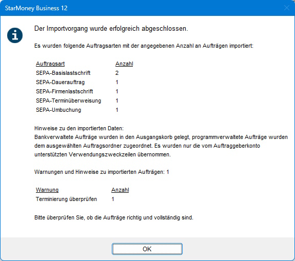 Screenshot Hinweismeldung zum Import in StarMoney Business