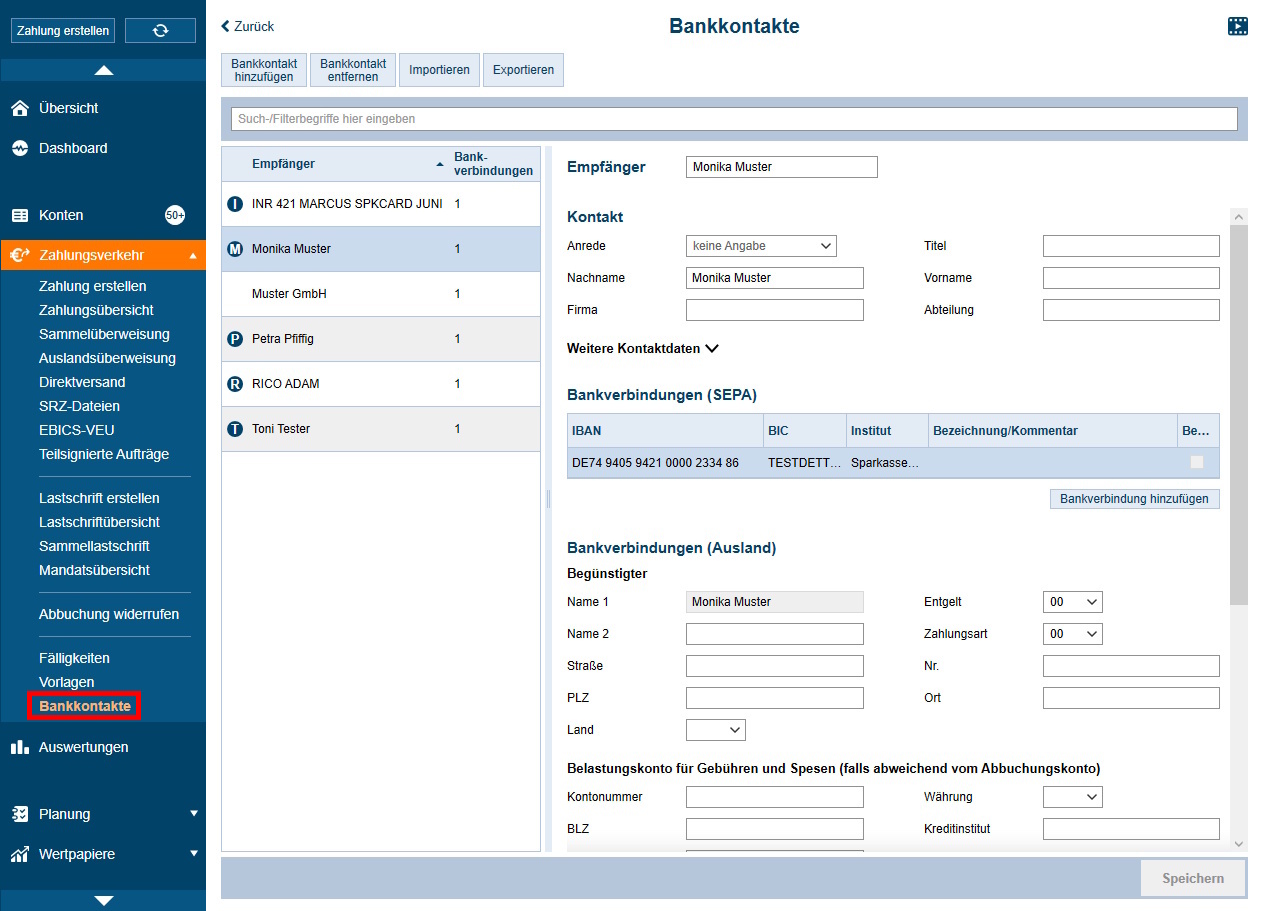 Screenshot Anzeige der Bankkontakte in StarMoney Business